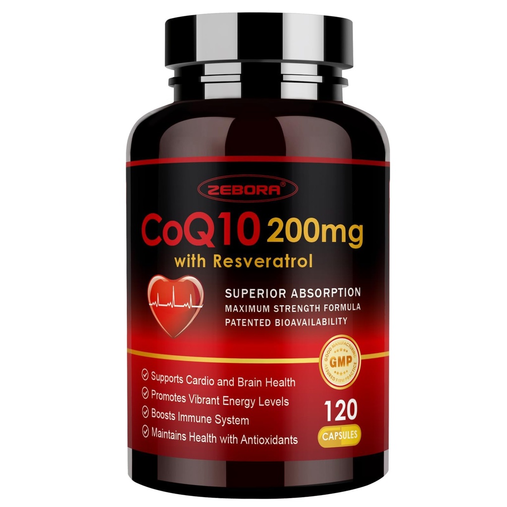 ZEBORA CoQ10-200 מ"ג עם Trans-Resveratrol, PQQQ & ויטמין E - High Absorption Coenzyme-Q10 עם BioPerine - Powerful Antioxidant for Heart & Energy- Production, 120 Veggie קפסולות