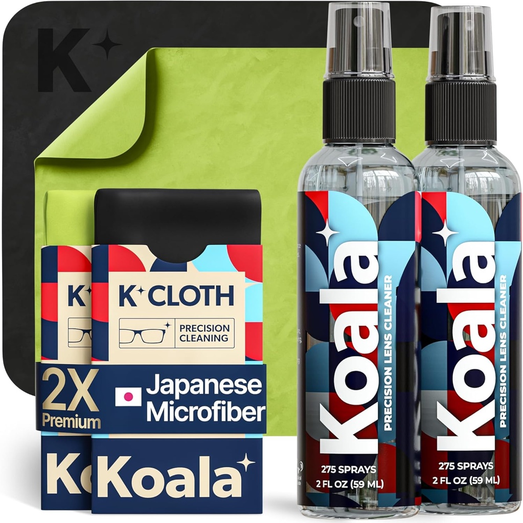 Koala Eyeglass Lens Cleaner Spray Kit | (2x) משקפיים נקיים יותר בקבוק + (2x) מיקרופיבר Cloth | אלכוהול חינם משקפיים, מסך וכרטיס ניקוי מצלמה | Made in USA (4 Piece Set)