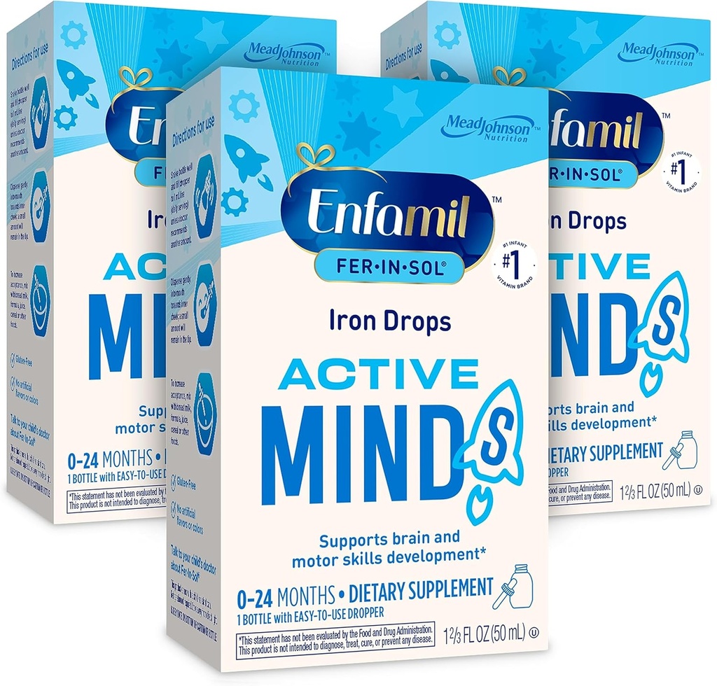 Enfamil Fer-In-Sol Iron תוסף טיפות עבור תינוקות ופעוטות, תומך בפיתוח המוח, 50 mL Dropper בקבוק, חבילה של 3