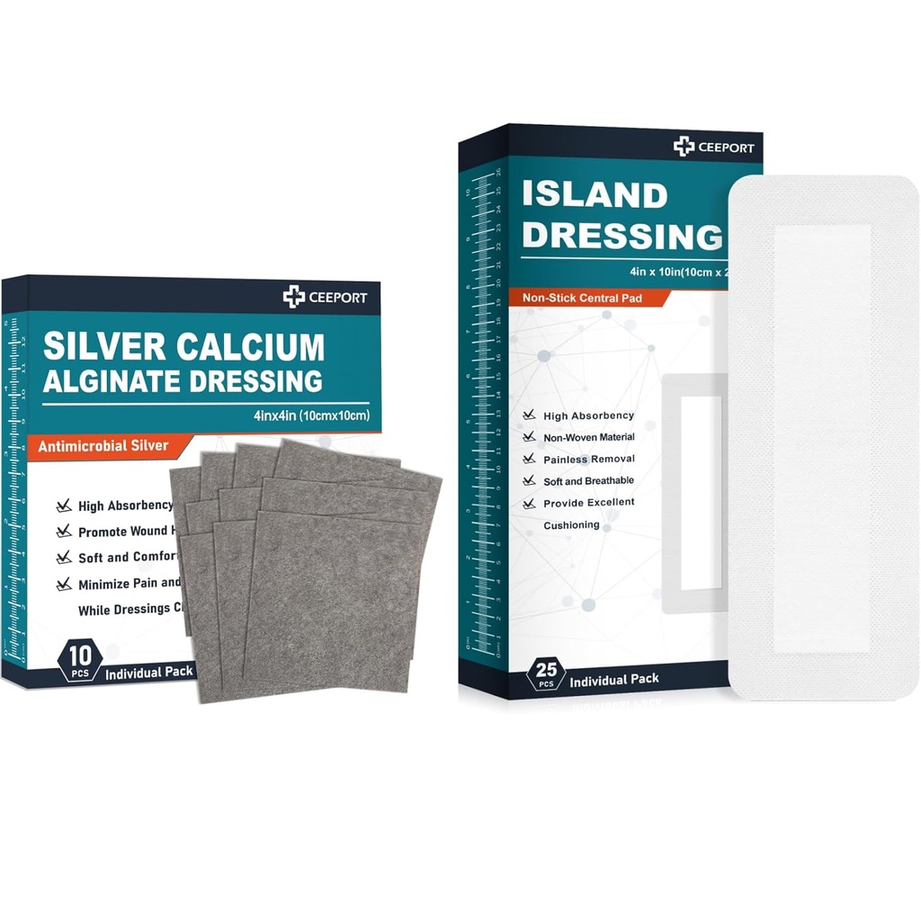Silver Calcium Alginate Dressing (4'x4'10Pcs) + Island Dressing(4" x 10" 25Pcs)