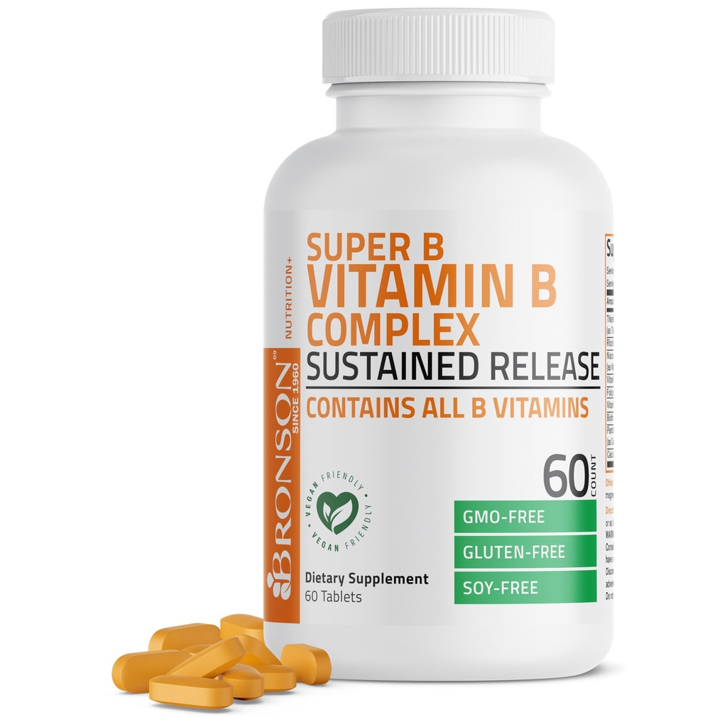 Bronson Super B ויטמין B Complex Sustained Slow Release (Vitamin B1, B2, B3, B6, B9 - Folic Acid, B12 מכיל את כל ויטמין B 60 טבליות