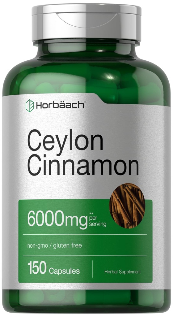Horbäach Ceylon Cinnamon קפסולות | 6000 מ"ג | 150 Count | Non-GMO & Gluten Free Supplement