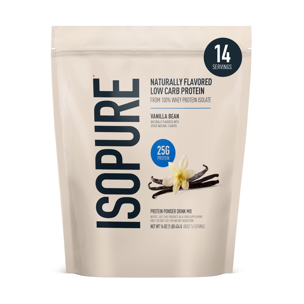 Isopure Low Carb 100% טהור Whey Isolate אבקת חלבון, Lactose חינם, Gluten חינם, עם ויטמינים, Vanilla Bean, 25g חלבון Per לשרת, 1 Lb, 14 לשרתים (Packaging May Vary)