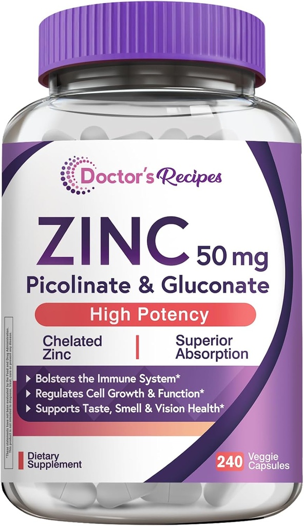 המתכון של הדוקטור Zinc 50 מ"ג, Highly Absorbable Zinc Picolinate & Gluconate, תומך הגנה טבעית Immune, DNA וחלבון טפסים, גידול תאים, non-GMO, 240 קפסולות Veggie