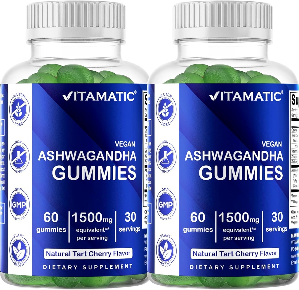 Vitamatic 2 Pack Ashwagandha Gummies 1500 מ"ג Equivalent Per משרת (מתוך 30:1 לחלץ 50 מ"ג) - 60 חניכיים טבעוניות - 3% עם אנאנולידים