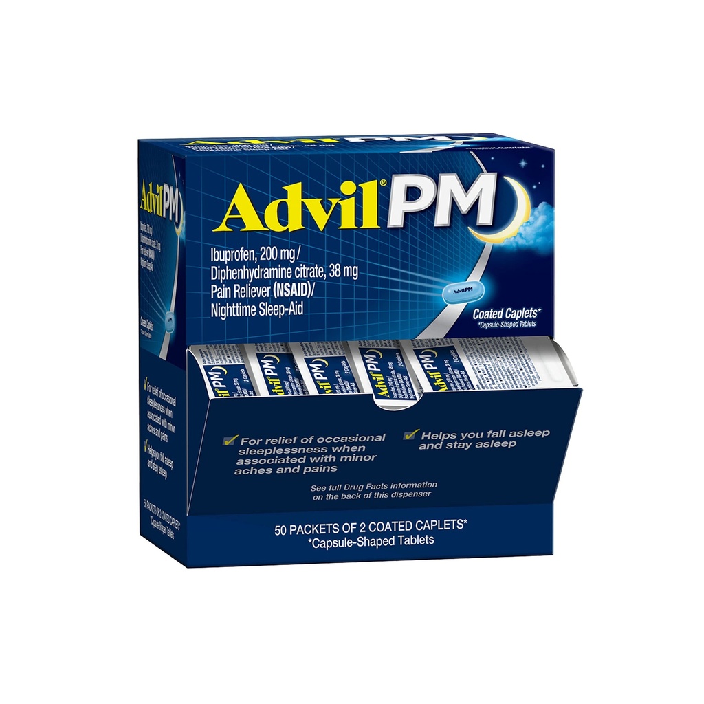 עו"ד כאב ראש Reliever ו- Nighttime Sleep Aid, Pain Medicine with Ibuprofen for Pain Relief and Diphenhydramine Citrate for a Sleep Aid - 50x2 Coated Caplets
