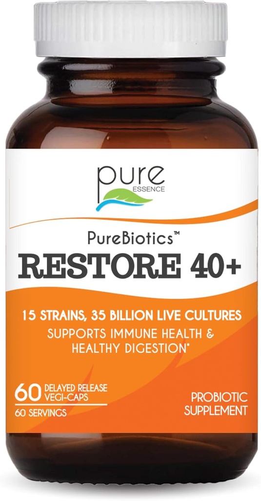 ESSENCE LABS PureBiotics לשחזר 40+ תוספת פרוביוטית - תמיכה בריאות החיסון וחשיפה - חלב וגלוטן חינם - 15 סטרינס (35 מיליארד CTU) מבוגרים פרוביוטיקה טבעית (60 Caps)