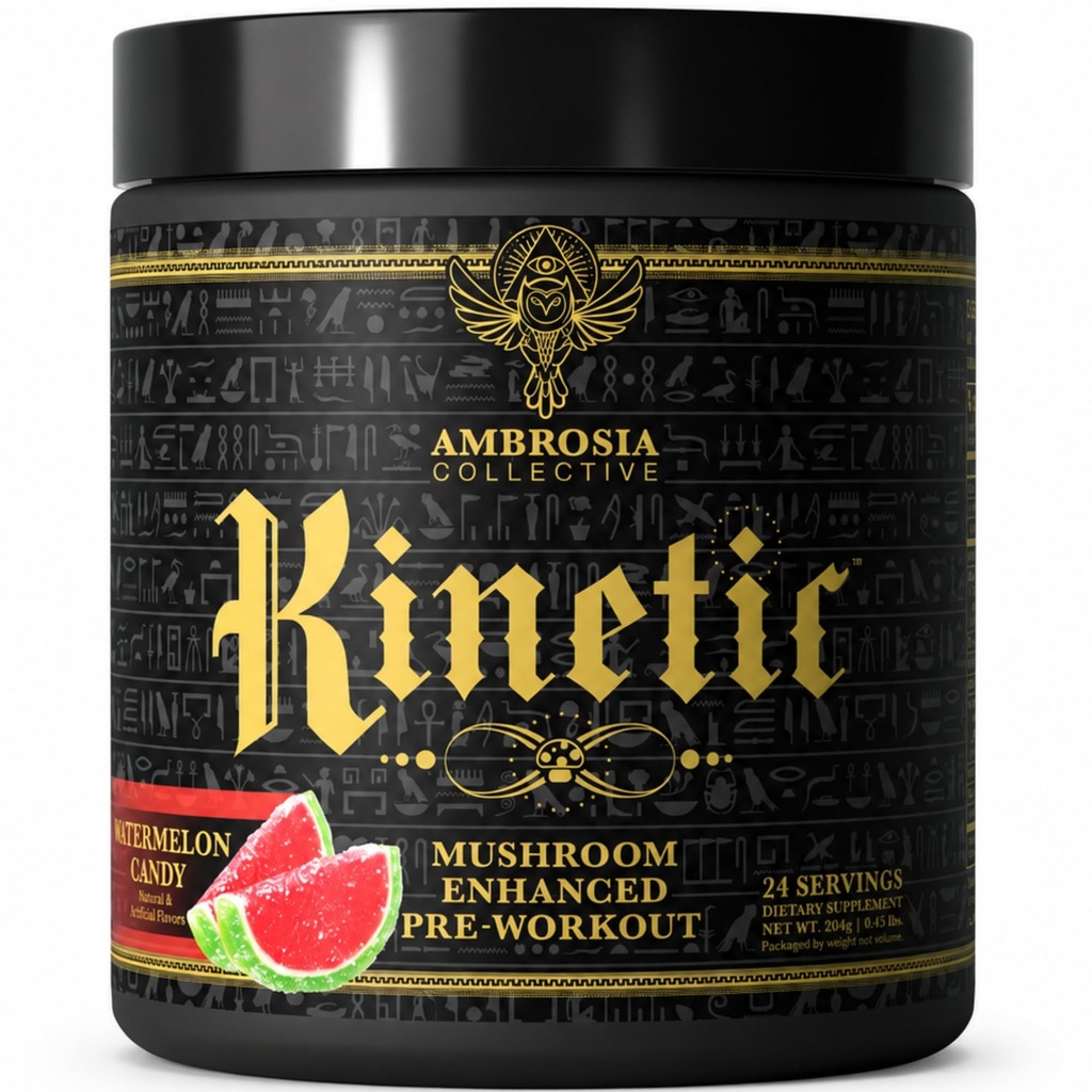 Ambrosia Kinetic אורגני Preworkout, Mushroom Enhanced Natural Pre Workout תוסף, אבקת Nootropic Superfood עבור אנרגיה (מבטיח ממתקים)