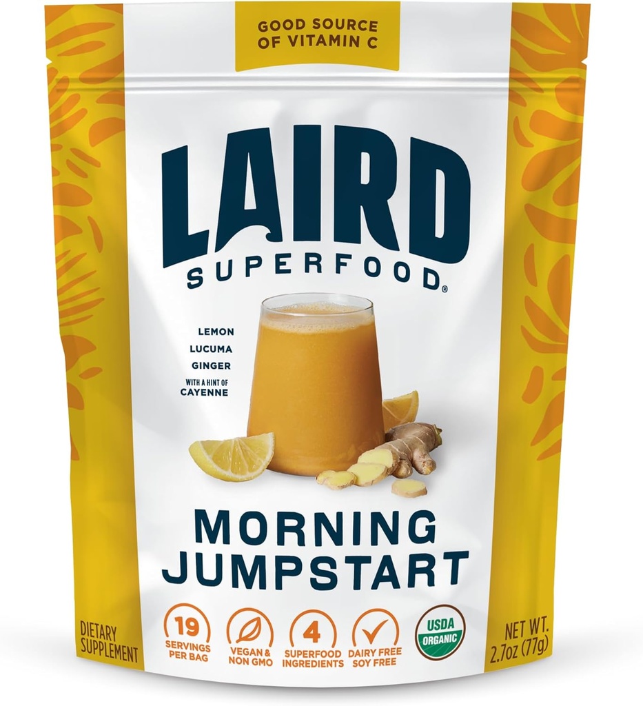 Laird Superfood Morning Jumpstart אבקת לשתות תוסף, לימון, לוקהמה, ג'ינג'ר וקיין ניקוי, אורגני, 2.7 Oz Bag, Pack של 1