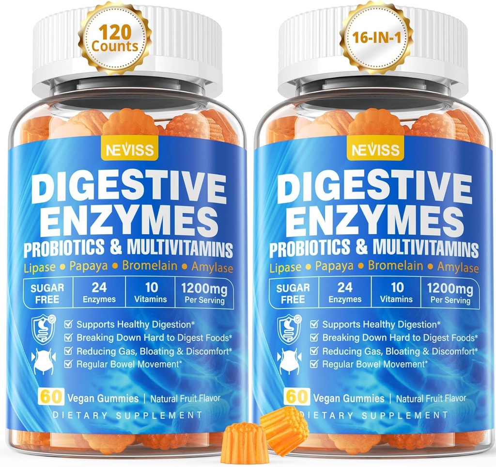 Enzymes with Probiotics, Multivitamins, Calcium, Magnesium - All 24 Essential Chewable Multi Enzymes - Papaya, Lipase, Amylase, Bromelain - Breaking Carbs, חלבונים, Fats, 2Packs