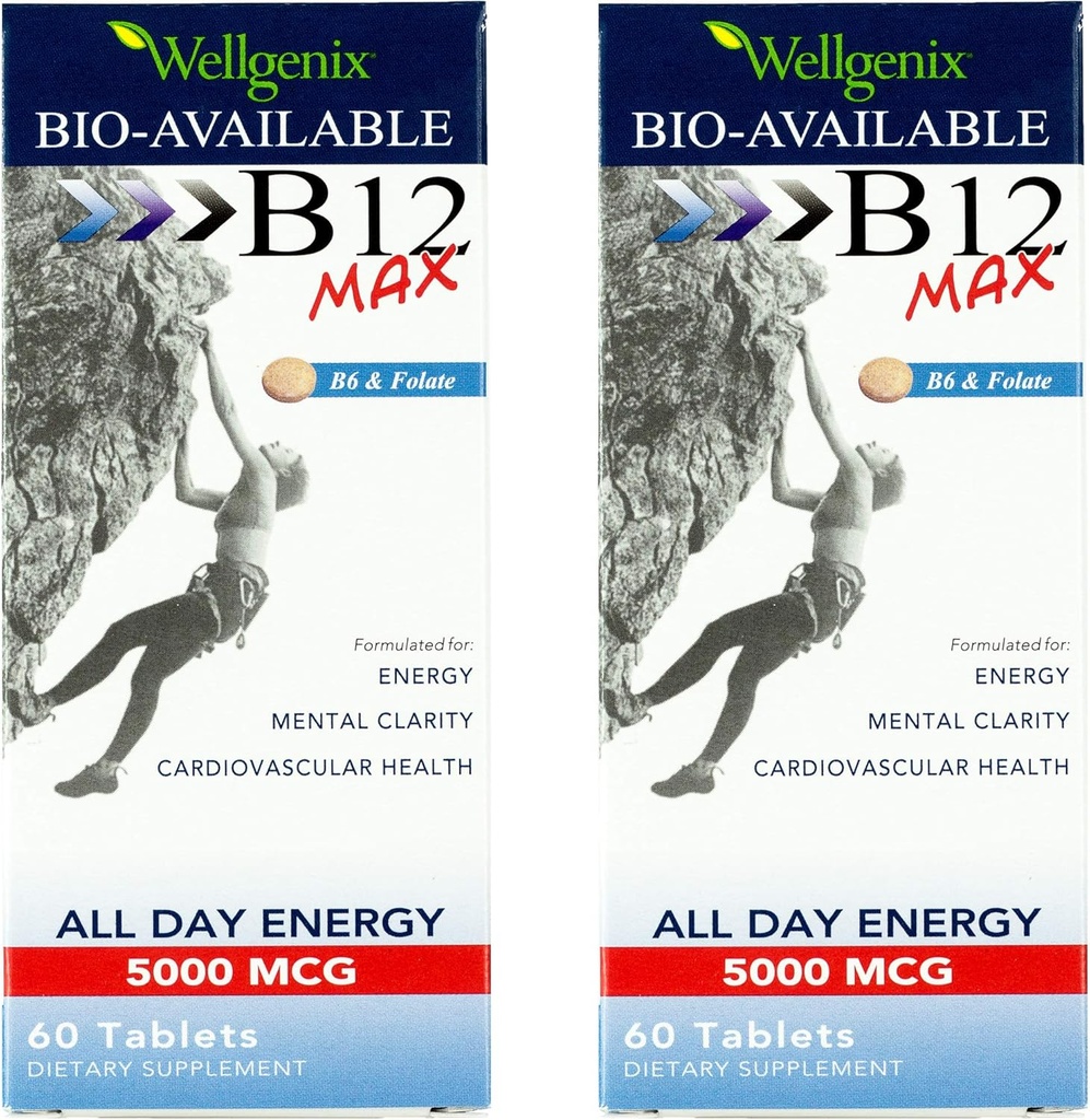 Wellgenix Bio-Available Sublingual B12 Max - פורמולה עבור Absorption גבוהה - תזונה רב ויטמין B12, B6, Folate - Fast Dissolve (60 Ct) 2 Pack
