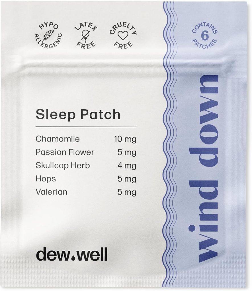 Dew Well Wind Down Sleep Patches - Melatonin Free Chamomile & Passion Flower Patches for Natural Rest Aids - Stress Strips for Migraine Relief - Sleep Sticker & Hot Sleeper Relief - 6 Count Clear Clear
