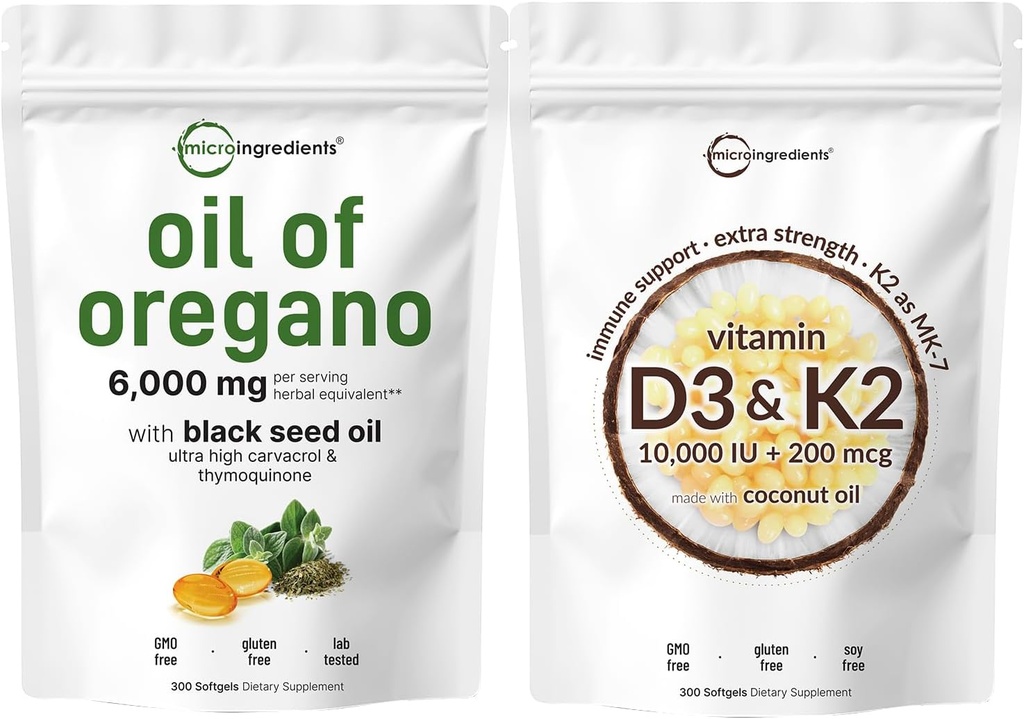 שמן של Oregano Softgels 6,000 מ"ג Per Serve & ויטמין D3 10,000i + K2 200mcg קוקוס שמן Softgels Bundle 2 Pack | 4X חיזוק Carvacrol & Thymoquinon | ויטמינים שמש חיוניים
