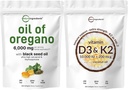 שמן של Oregano Softgels 6,000 מ"ג Per Serve & ויטמין D3 10,000i + K2 200mcg קוקוס שמן Softgels Bundle 2 Pack | 4X חיזוק Carvacrol & Thymoquinon | ויטמינים שמש חיוניים