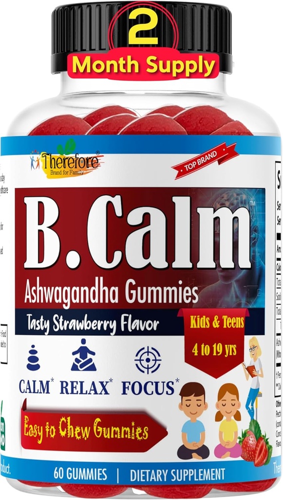 לכן B.Calm Kids Focus & Attention Gummies - Anti-Stress, Memory, Mood &laxation- Natural Calm Ashwagandha for Kids & Teens - Focus הויטמינים עבור Teens - Strawberry Flavor, 60 ct.