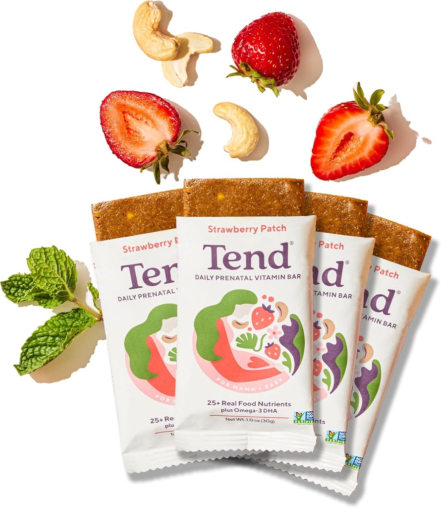 Tend Daily Best Prenatal ויטמין Bar, Made with Organic Ingredients for הריון & Postpartum Mothers, כולל DHA, ויטמין D, B, Choline, Folate - Strawberry Patch (4ct)