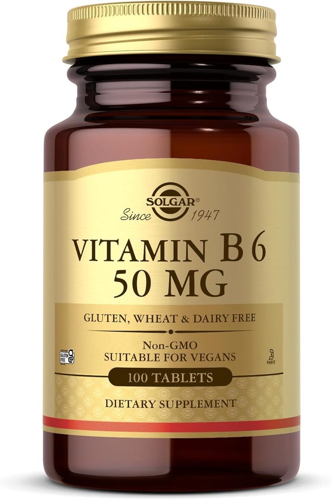 Solgar ויטמין B6 50 מ"ג - 100 טבליות - Non-GMO, טבעוני, Gluten חינם, חלב חינם, כשר - 100 משרתים