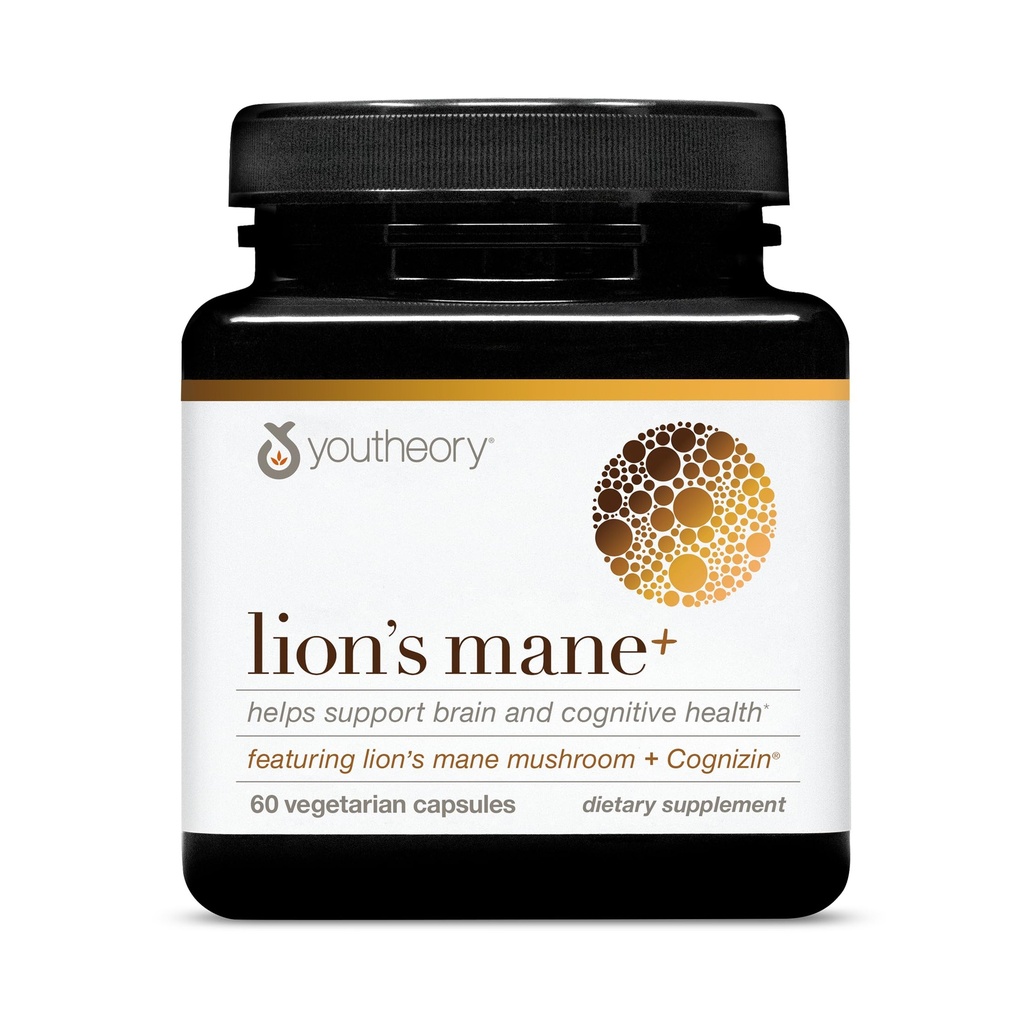 Youtheory Lion's Mane Plus - תוספת Mushroom עם Cognizin - מציעה Focus & Brain Support * - 60 קפסולות צמחוניות