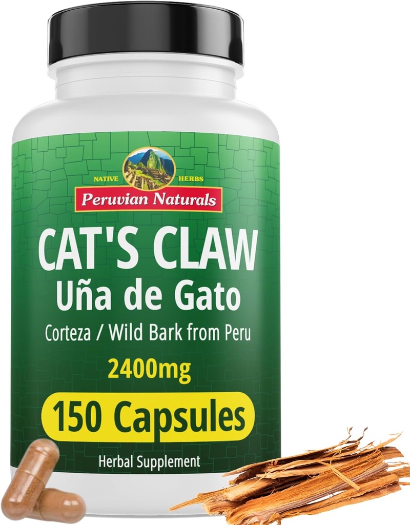 Peruvian Naturals Cat's Claw Herbal Supplement 150 Capsules - Uña de Gato 2400mg of Vegan, 100% Natural Cats Claw Bark Grown in Peru, Non-GMO, Uncaria Tomentosa UNA de Gato