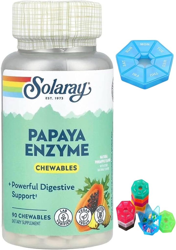 מיוצר עבור Solaray, Papaya Enzyme, Natural Pineapple, 90 Chewables + בונוס 1 מיני גלולות Box במשך 7 ימים