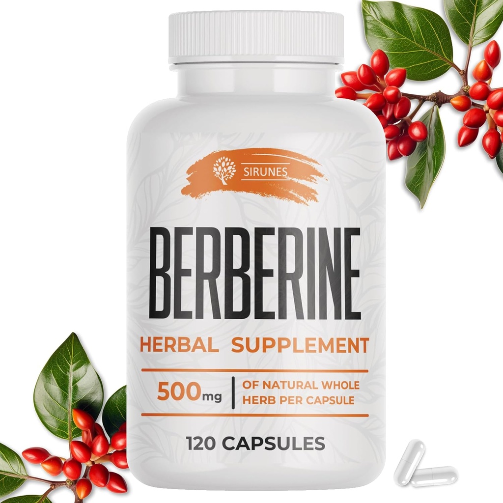 תוסף SIRUNES Berberine - Berberine HCL Dietary תוסף עבור גברים ונשים - non GMO Berberine 500 מ"ג - אידיאלי עבור תמיכה חיסונית, לב, רמות כולסטרול 120 קפסולות