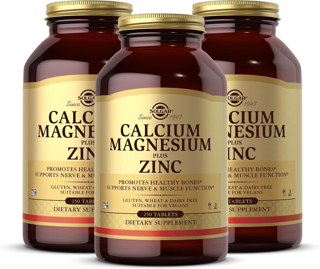 Solgar Calcium Magnesium Plus Zinc - 250 טבליות, Pack של 3 - מקדם עצמות בריאות, תומך שבץ ותפקוד שרירים - Non-GMO, טבעוני, גלוטן חינם - 250 המשרתים הכולל