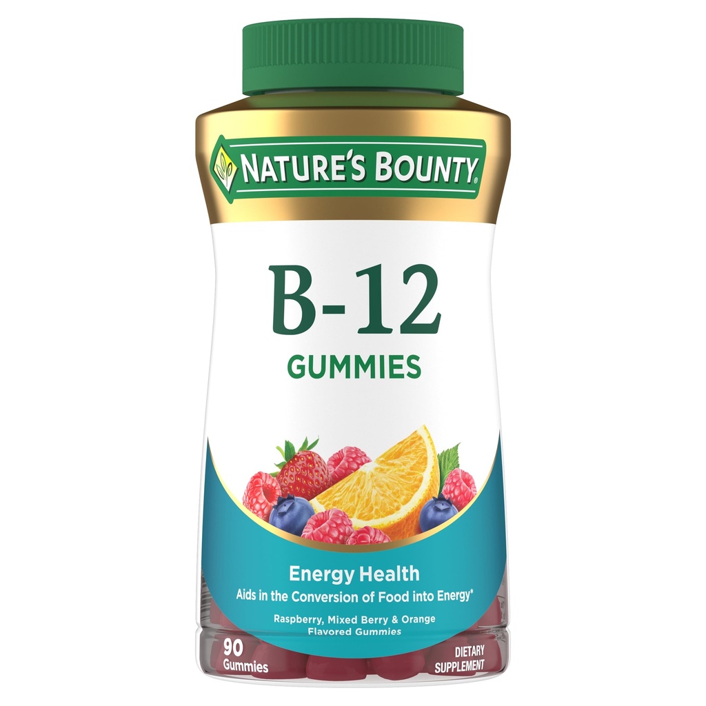 ויטמין B12 של Nature's Bounty ויטמין B12 חניכיים, תוספי תזונה, תומך במטבוליזם אנרגיה ו- Nervous System Health, מעורב ברי פלפור, 500mcg, 90 מסטיקנים