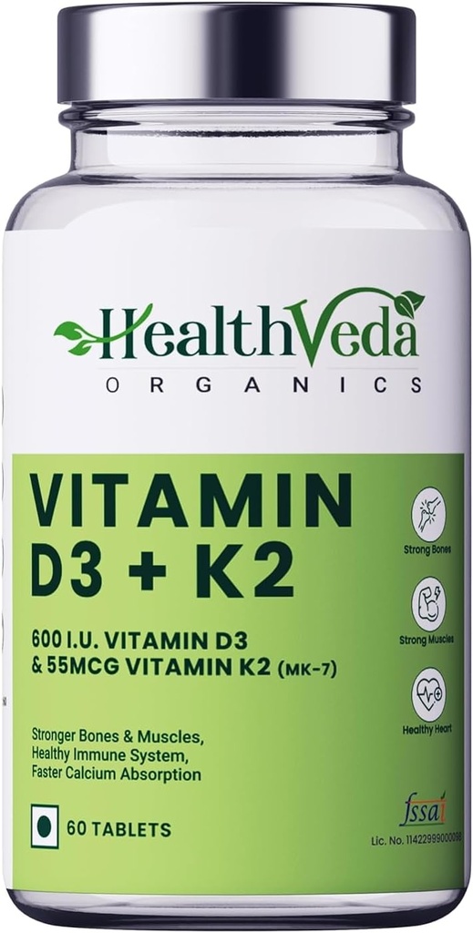 אורגנים ויטמין D3 (600 IU) + ויטמין K2 כתוסף MK7 (55mcg) | 60 טבליות Veg תמיכה עצמות בריאות, Boosts Immune System & Joint Health