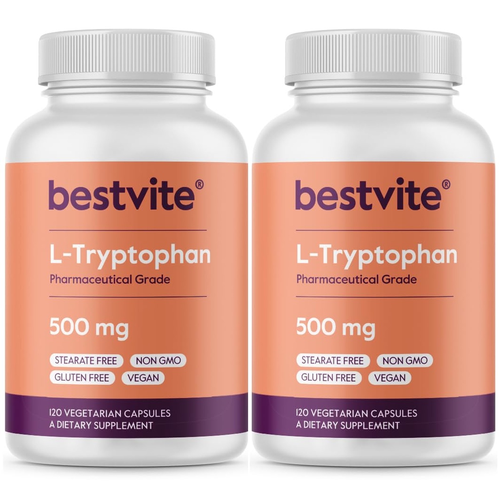 BestVITE L-Tryptophan 500 מ"ג לקפסולה (240 קפסולות צמחוניות) (2-Pack) - No Stearates - No Silica - No Gelatin - טבעוני - Gluten Free - Non GMO