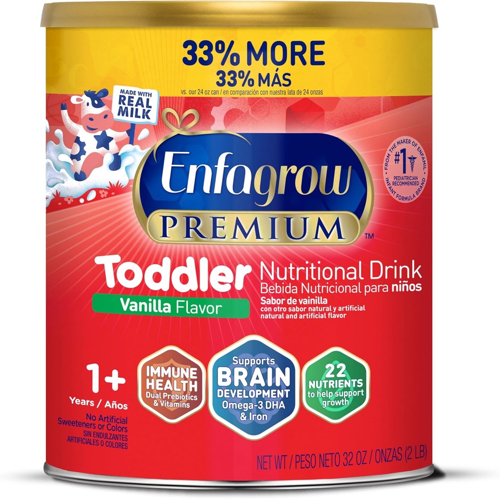Enfagrow Premium טוילר משקאות תזונתיים, Natural Vanilla Flavor, אומגה 3 DHA לתמיכה במוח, Prebiotics & ויטמינים לבריאות החיסון, non-GMO, אבקת Can, 32 Oz (Pack של 1 1