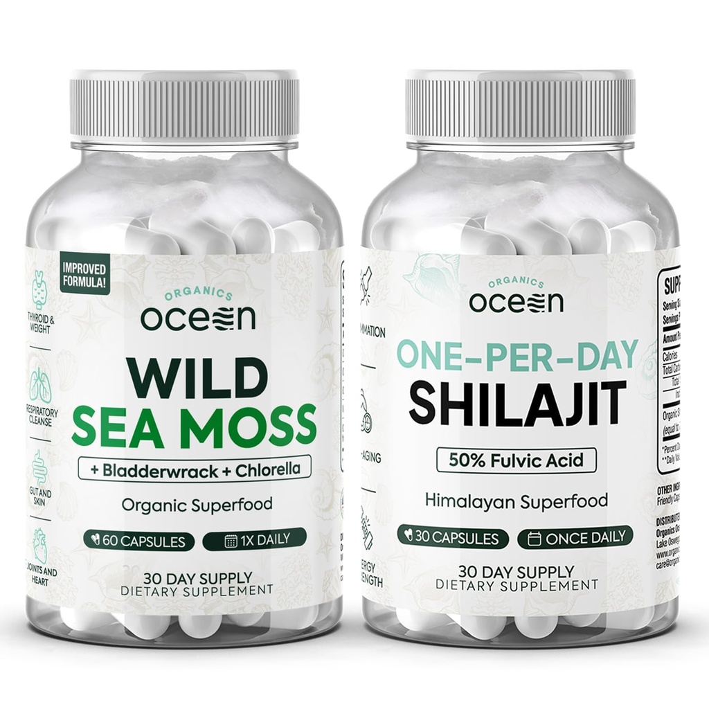 אורגנים Ocean Wild Sea Moss קפסולות ו- One-per-Day Shilajit for Men and Women - 100% Irish Sea Mossss & Pure Shilajit קפסולות - תמיכה Thyroid לנשים וגברים