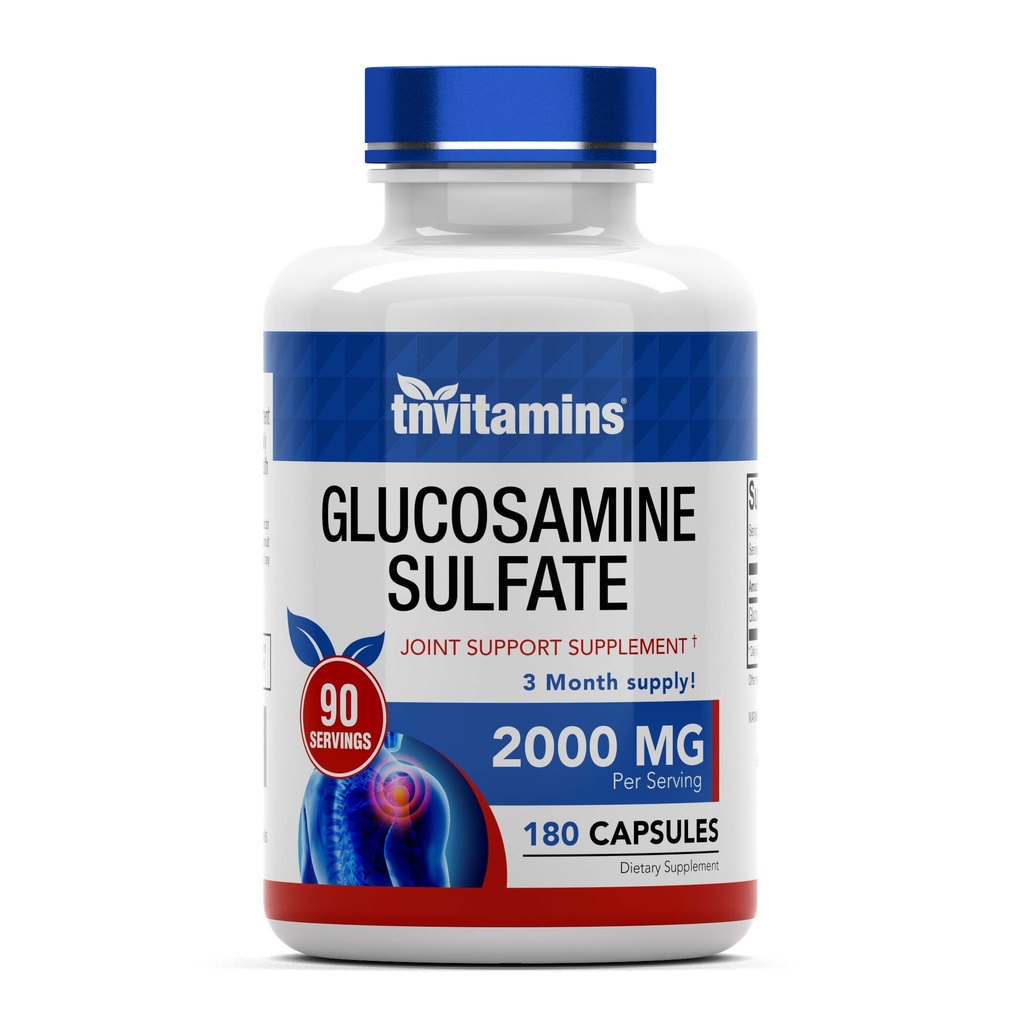 tnvitamins Glucosamine Sulfate קפסולות 2000 MG (180 הרוזן) | תמיכה משותפת * תוספת לנשים וגברים | המיוצר בארה"ב | מקדם גמישות וניידות