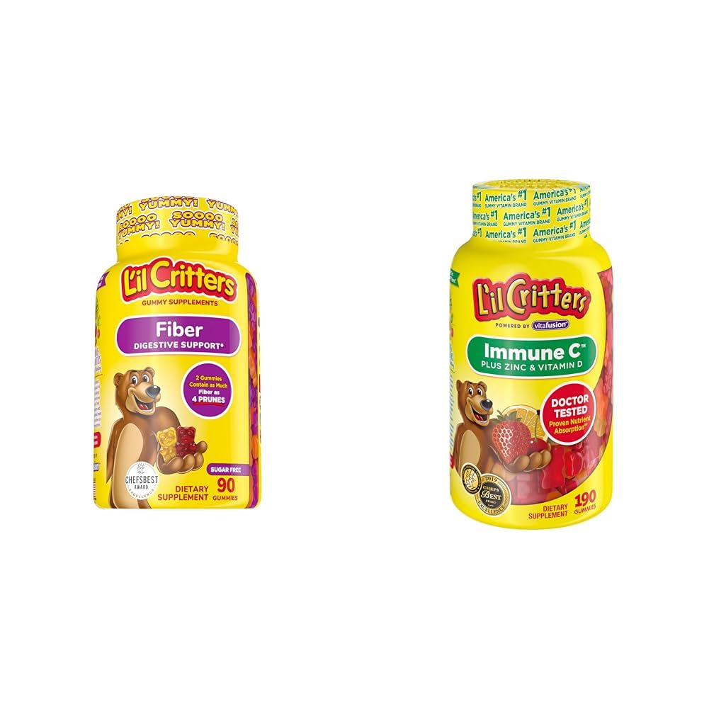 L'il Critters סיבים יומית חניכיים תוספת לילדים, עבור תמיכה תזונתית, ברי ולימון פלברס & Immune C Daily Gummy תוסף ויטמין לילדים, עבור ויטמין C, D ו- Zinc עבור תמיכה בחיסון