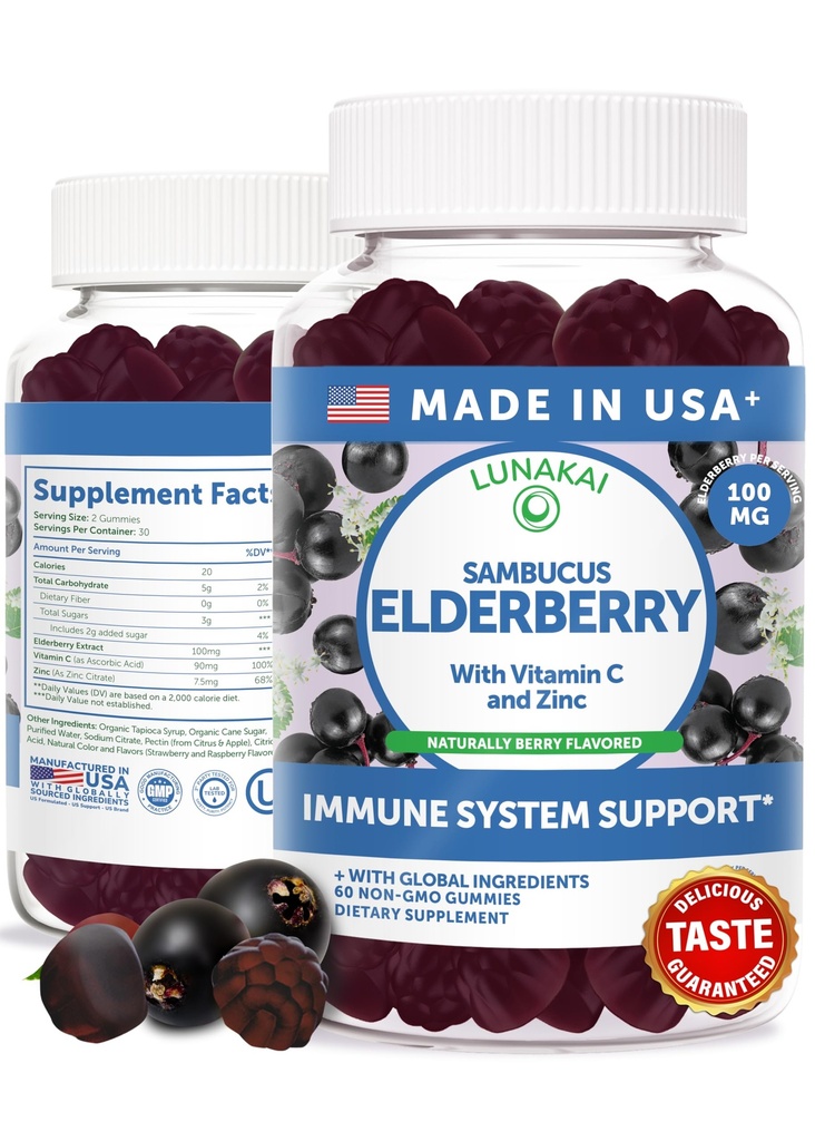 לונהקאי ארה"ב יצרה Black Sambucus Elderberry Gummies עבור מבוגרים וילדים עם ויטמין C & Zinc - תמיכה חיסונית, אנטי-oxidants, non-GMO, 60 חניכיים