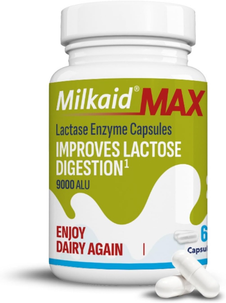 Milkaid Max קפסולות עבור Lactose Intolerance הקלה עם Lactase Enzyme, תוספת דיאטנית כדי למנוע גז, Bloating & Diarrhea בשל Lactose Sרגישות | 9000 ALU (60 קפסולות, Unflavored)