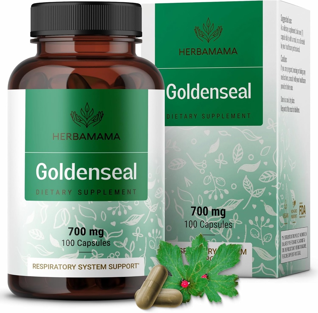 HerBAMAMA Goldenseal Root קפסולות 700 מ"ג - מערכת הנשימה & Immune Support with Goldenseal אבקת תוסף - טבעוני, לא-GMO