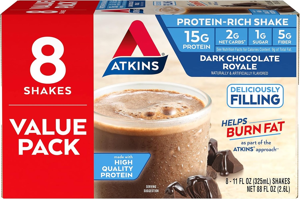 Atkins Gluten Free חלבון-Rich Shake, Dark Chocolate Royale, Keto-Friendly, 8 Count (Pack of 1)