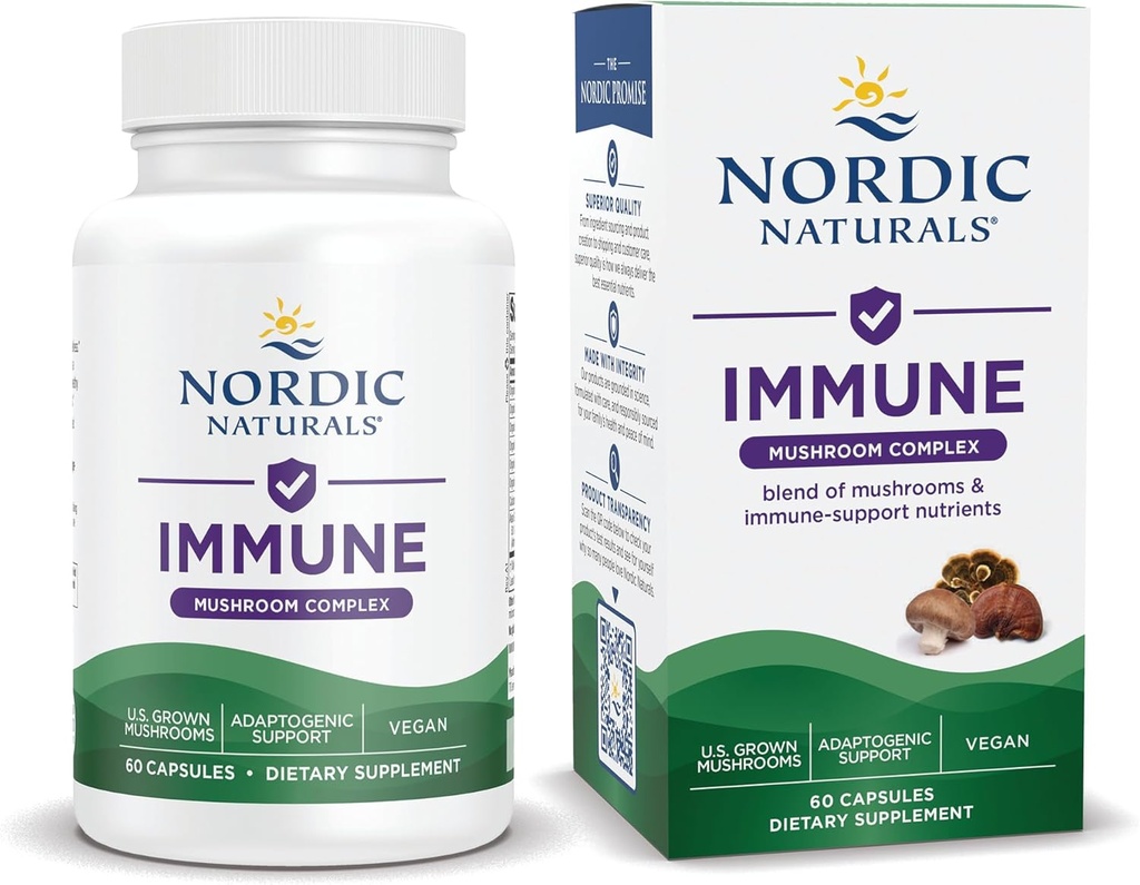 Nordic Naturals Immune Mushroom Complex, Unflavored - 60 קפסולות - תמיכה אדוגנית - Multi-Mushroom - Optimal Wellness - Non-GMO - מוסמך טבעוני - 30 משרתים