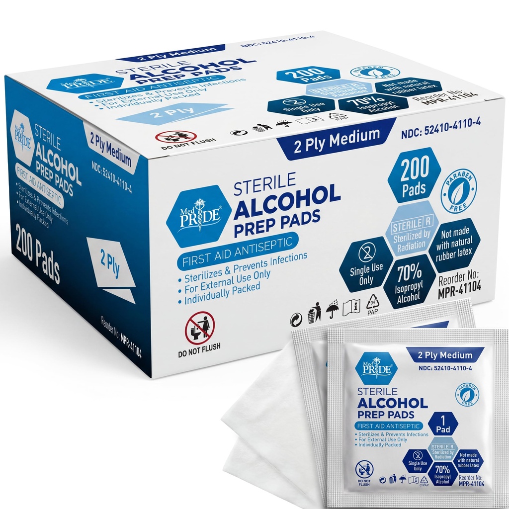 MED PRD Sterile אלכוהול פרפ פדים, אנטיספפטי, 70% Isopropyl, באופן פרטני נדפס, כיתה 2 Ply Wipes (200 הרוזן (Pack of 1) לבן)