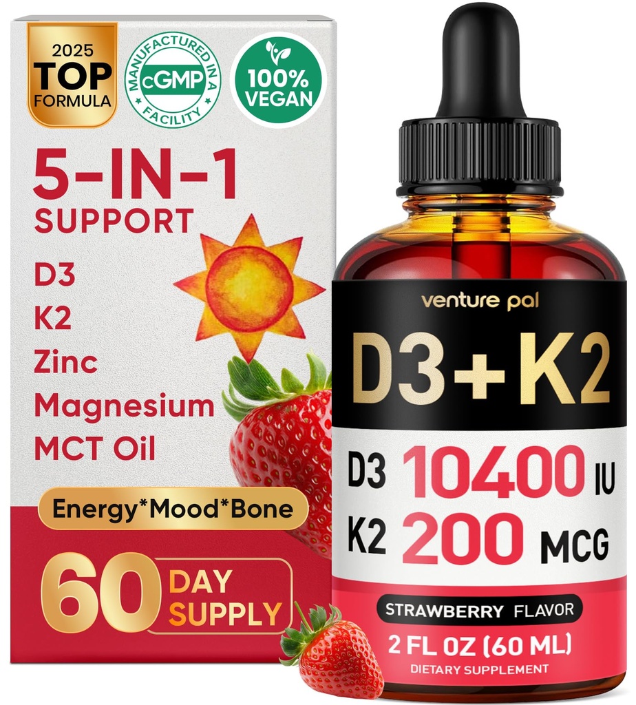 מיזם Pal 5-in-1 ויטמין D3 10000 IU & K2 כמו MK-7 200mcg עם Magnesium, שמן MCT, Zinc, Sugar-Free ויטמין D נוזלי |imum Absorption עבור העצם, Mood & Immune בריאות - 2 FL OZ, 67 ימים