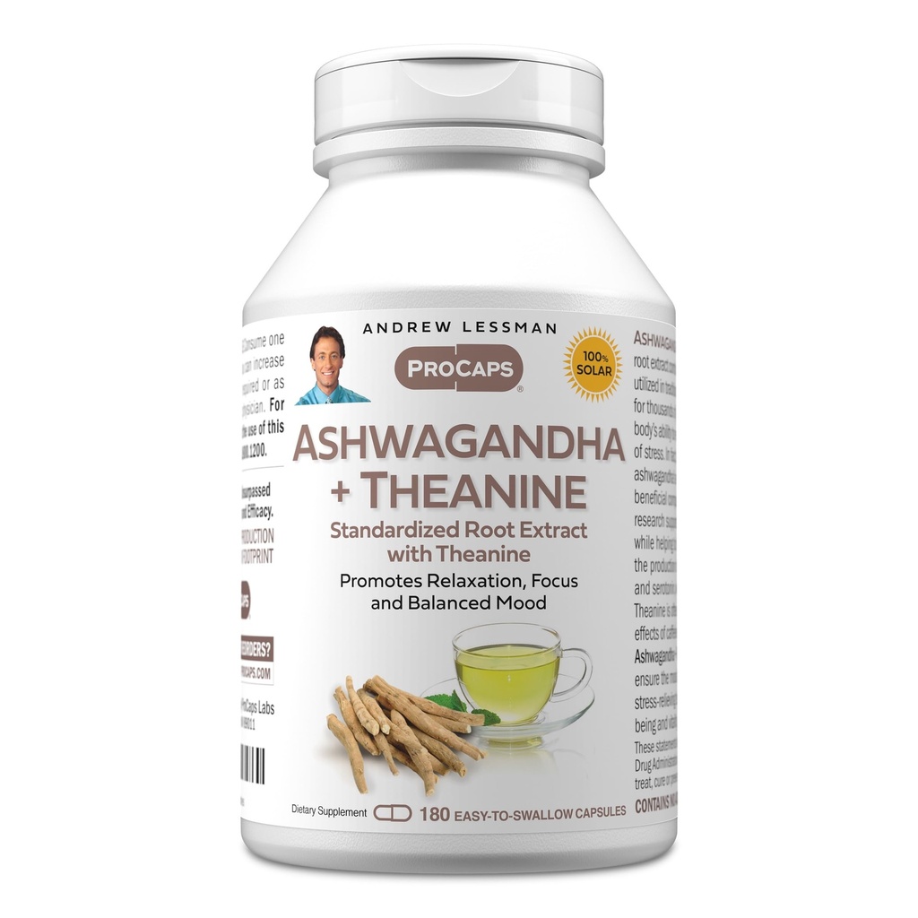 ANDREW LESSMAN Ashwagandha + Theanine 180 קפסולות - הפקה סטנדרטית. קידום הרגיעה, פוקוס ואיזון מ Mood. קל ל-Swallow כמוסות
