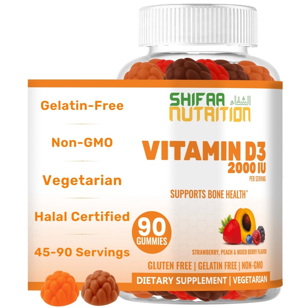 SHIFAA NUTRITION ויטמין D3 מסטיקים למבוגרים ולילדים | 45-90 משרתים, 2,000IU / 1,000IU | Non-GMO, Gluten-Free, Gelatin-Free | תמיכה בעצמות, שרירים ו- Immune System Halal ויטמיניםs