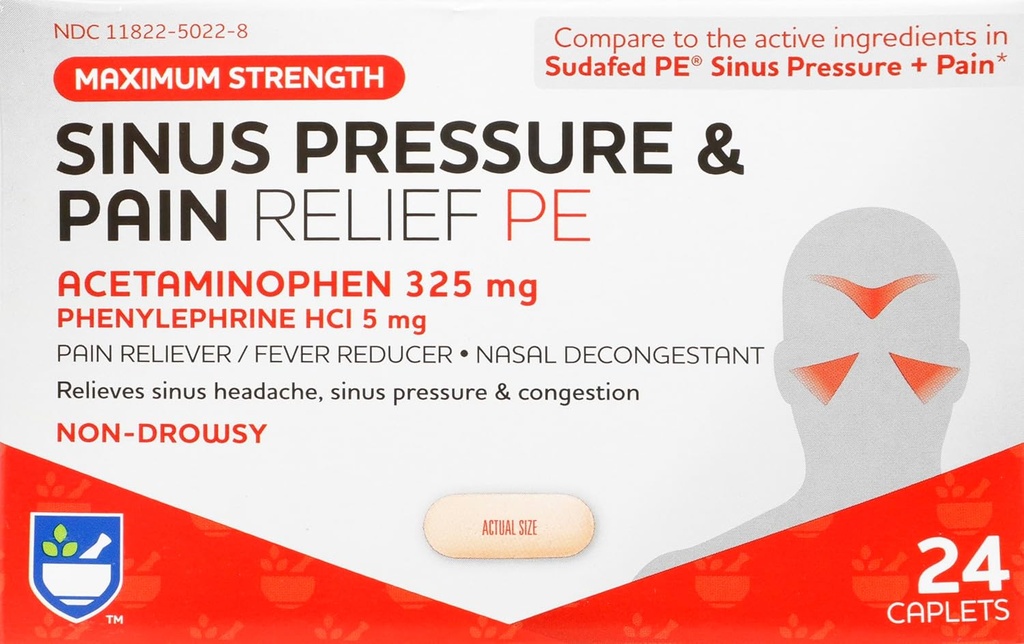 Rite Aid Sinus Pressure and Pain Reliever PE, Non-Drowsy - 24 טבליות | Sinus Relief | Pain Relief | Nasal Decongestant | תרופה קרה למבוגרים | Allergy Medicine | Allergy Relief | Mucus Relief