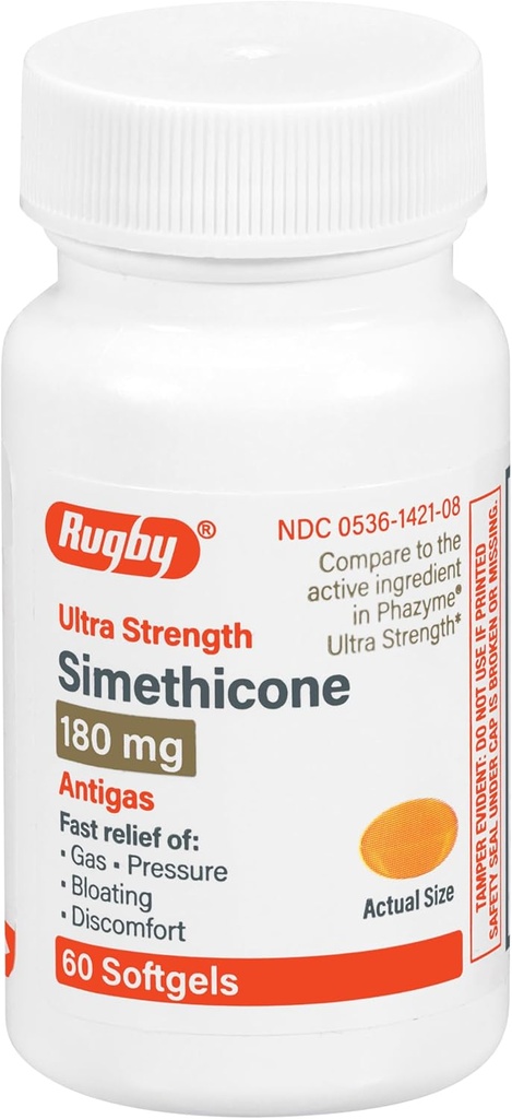 רוגבי Ultra Power Simethicone Gas Relief 180 מ"ג - הקלה מקסימלית של גז למבוגרים - מאי לעזור עם סימפטומים של עייפות, Bloating, Gas Fullness - 60 Softgels (1 Pack)