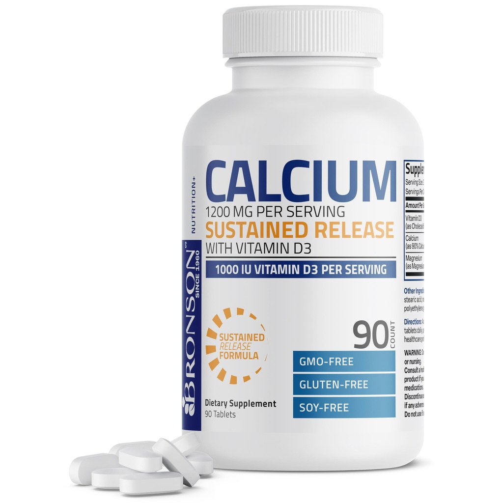 Bronson Calcium 1200 MG Per לשרת Sustained לשחרר עם ויטמין D3 1000 IU ויטמין D3 Per לשרת Non-GMO, 90 טבליות