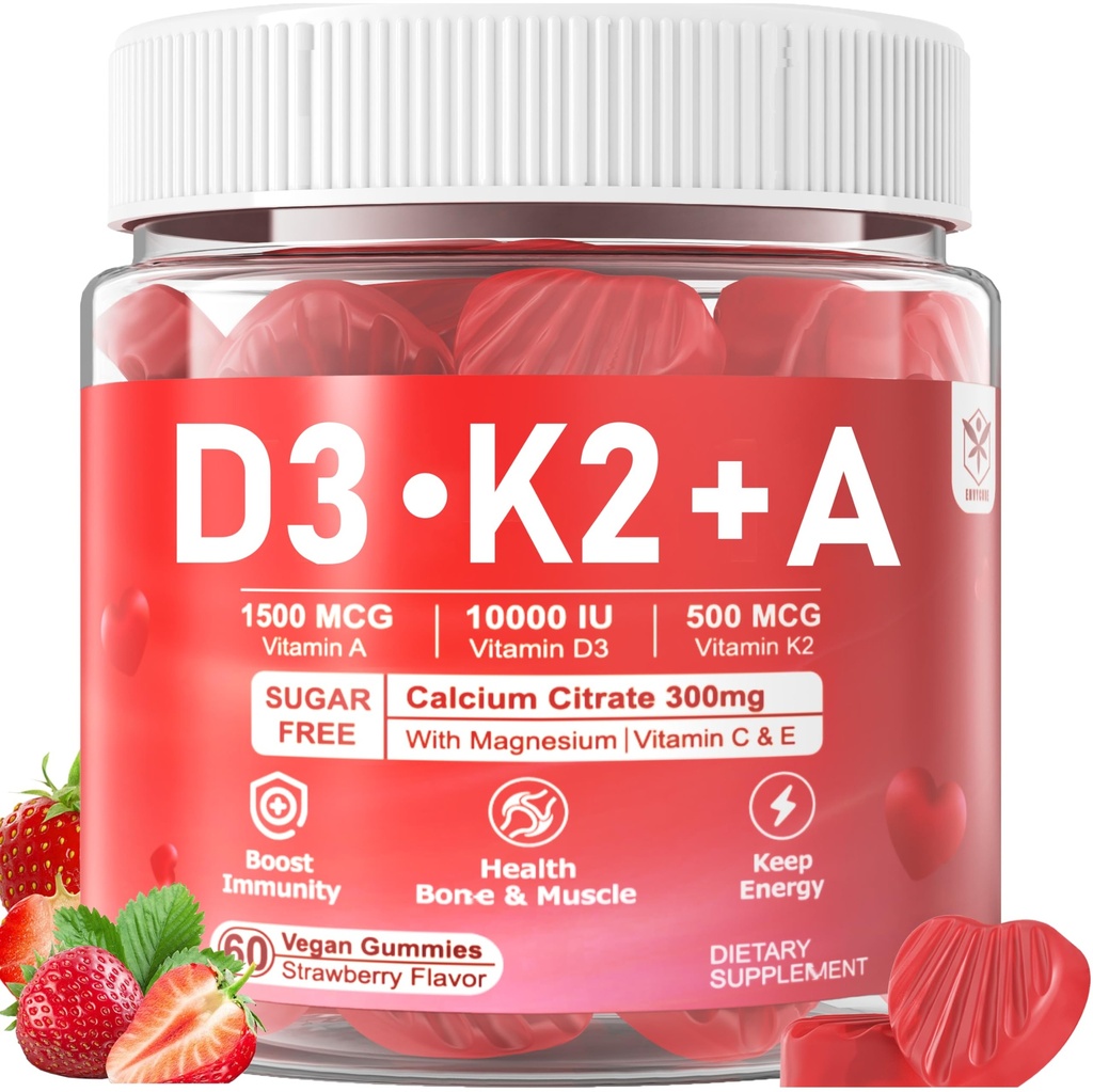 ויטמין D3 10000iu + K2 MK7 + A Gummies עם Calcium Magnesium Zinc for Women & Men, High Potency ADK ויטמין תומך ב- Immune System, Bone and Vision Function, Sugar Free 120 Ctsss