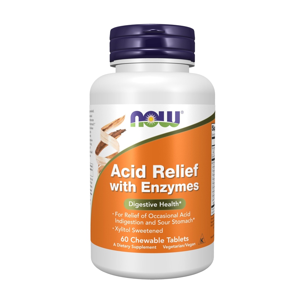 תוספי מזון Now, Acid Relief with Enzymes, Xylitol Sweetened, Digestive Health *, 60 Chewables