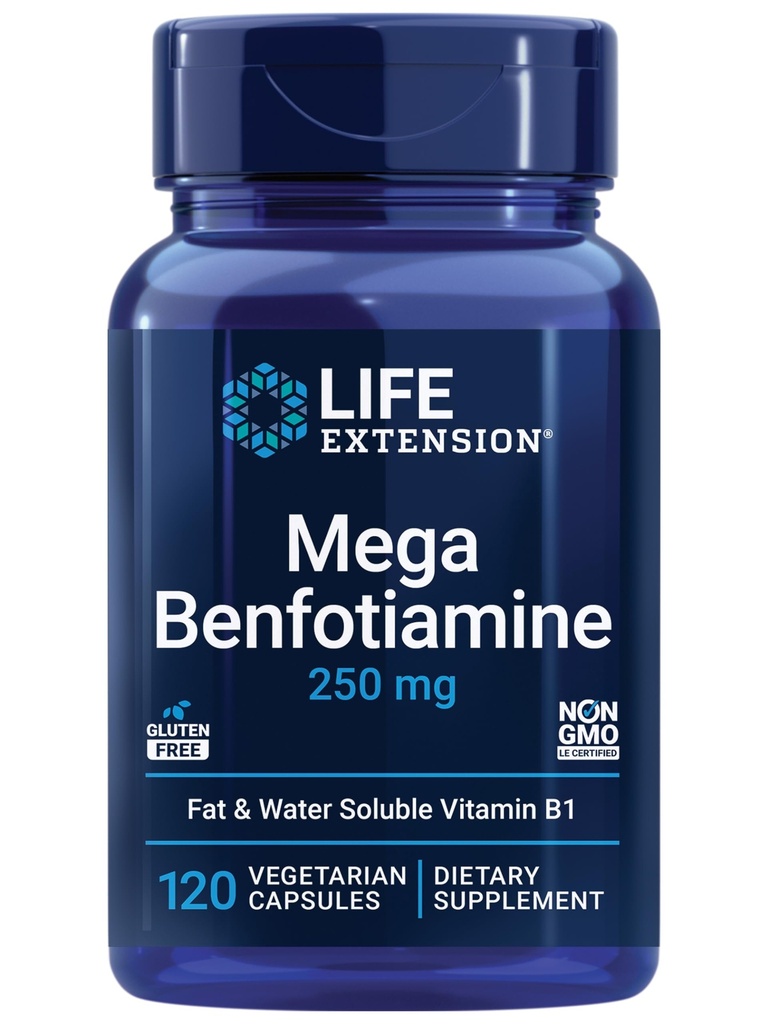 הרחבת החיים Mega Benfotiamine, 250 מ"ג, טופס עתיר שומן של thiamine, מטבוליזם בריא, Ultra-bioavailable ויטמין B1, רגישות גבוהה, Gluten-Free, non-GMO, Vegetarian, 120 קפסולות.