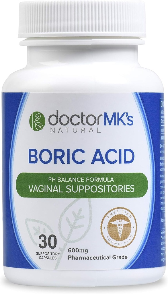 ה-NATURAL Boric Acid Suppositories (600 מ"ג) לתמיכה ב- pH Feminine בריא. 30 קפסולות Vaginal Suppository