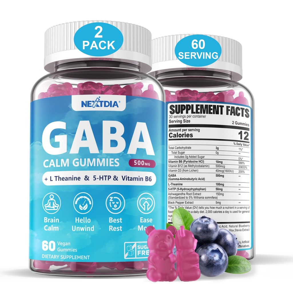 GABA Gummies 500 מ"ג - סוכר חינם Calm Gummies עם L Theanine, 5-HTP, ויטמין D3, B12, Ashwagandha, Melatonin-Free for Brain Calm, Mood, Zzz Better, GABA for Adult, Blueberry Flavor, טבעוני